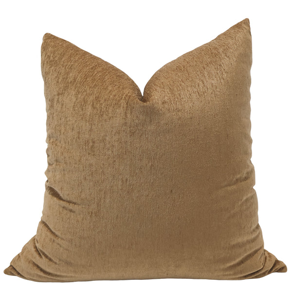 Hackner Home Patina Café velvet pillow cover in warm golden brown — soft textured decorative cushion for modern interiors.