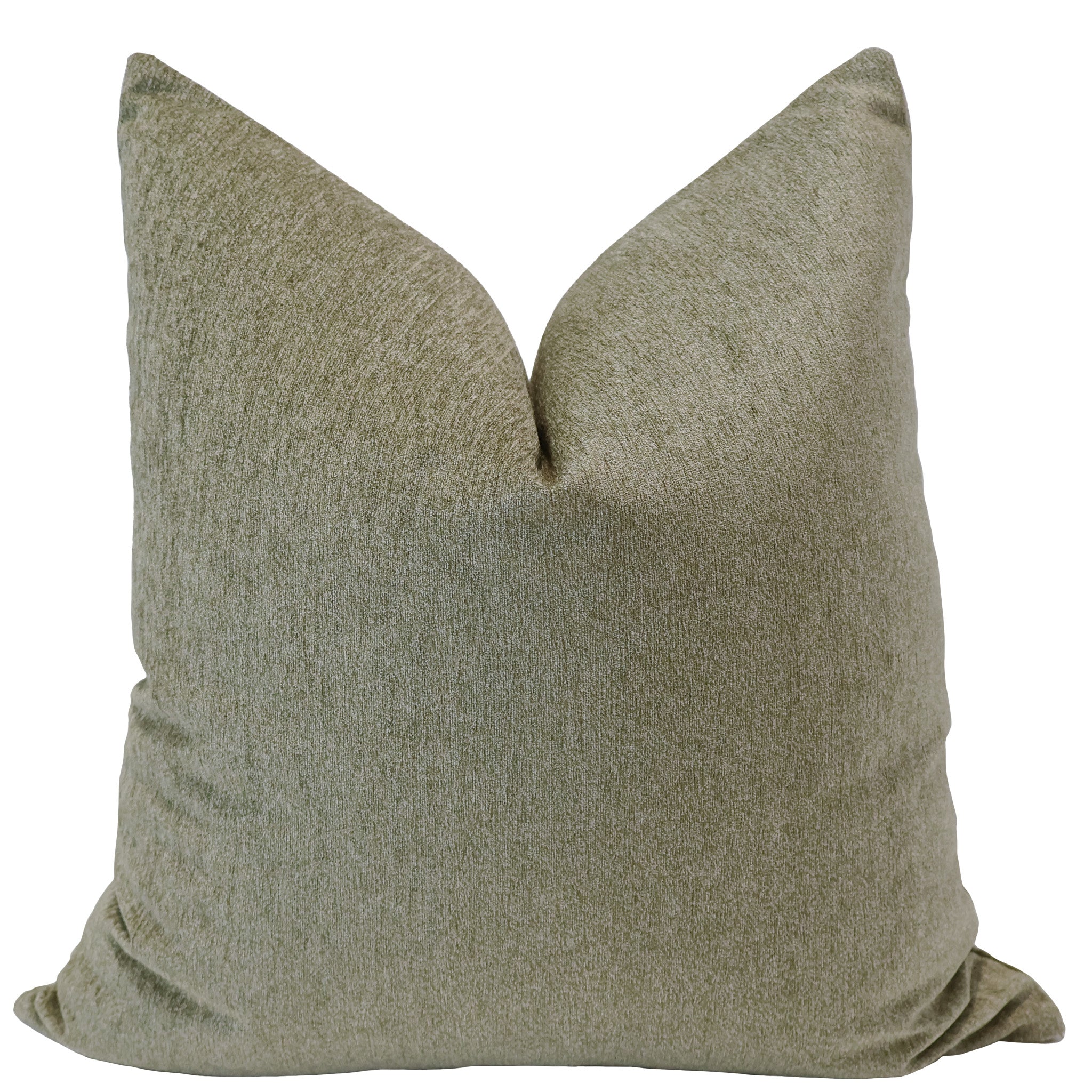 Front view of a patina green velvet pillow cover showcasing its soft, textured surface and smooth, elegant finish.