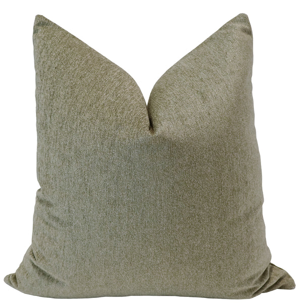Front view of a patina green velvet pillow cover showcasing its soft, textured surface and smooth, elegant finish.