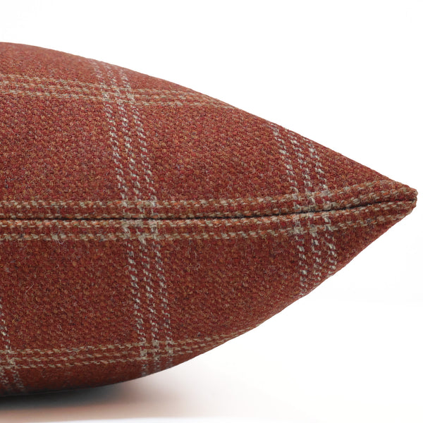 Hackner Home rust plaid wool pillow cover with cream check pattern.