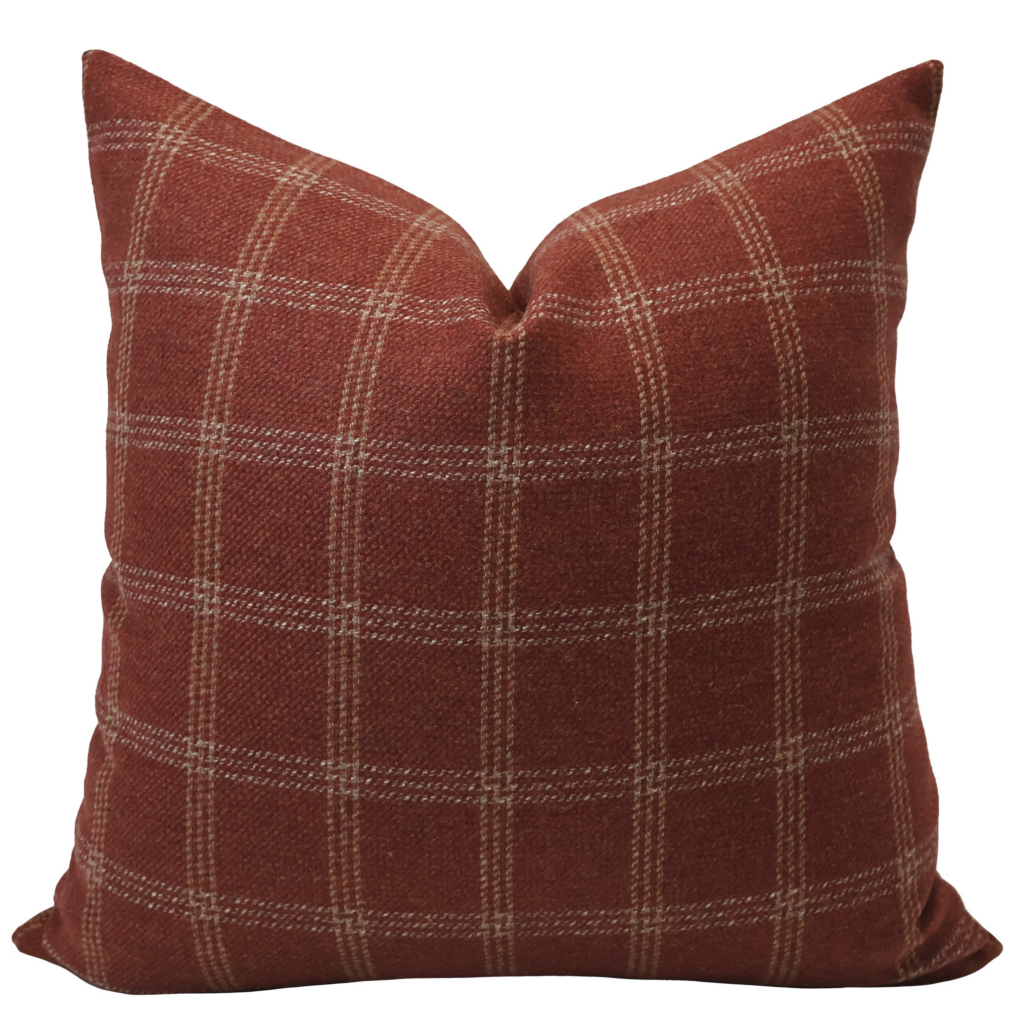 Hackner Home rust plaid wool pillow cover with cream check pattern.