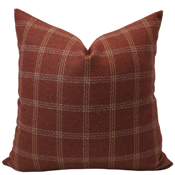 Hackner Home rust plaid wool pillow cover with cream check pattern.