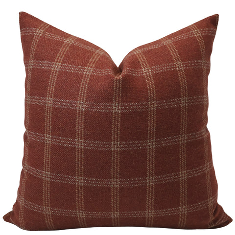Hackner Home rust plaid wool pillow cover with cream check pattern.