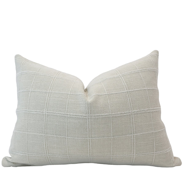Hackner Home Sable Check Pillow Cover in a soft neutral cream tone featuring a subtle textured grid pattern, shown in a lumbar size for a modern minimal look.