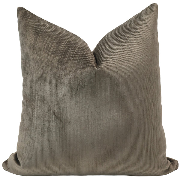 Square pillow in a rich sablewood brown velvet fabric featuring a subtle vertical ribbed texture and a soft, luxurious sheen.
