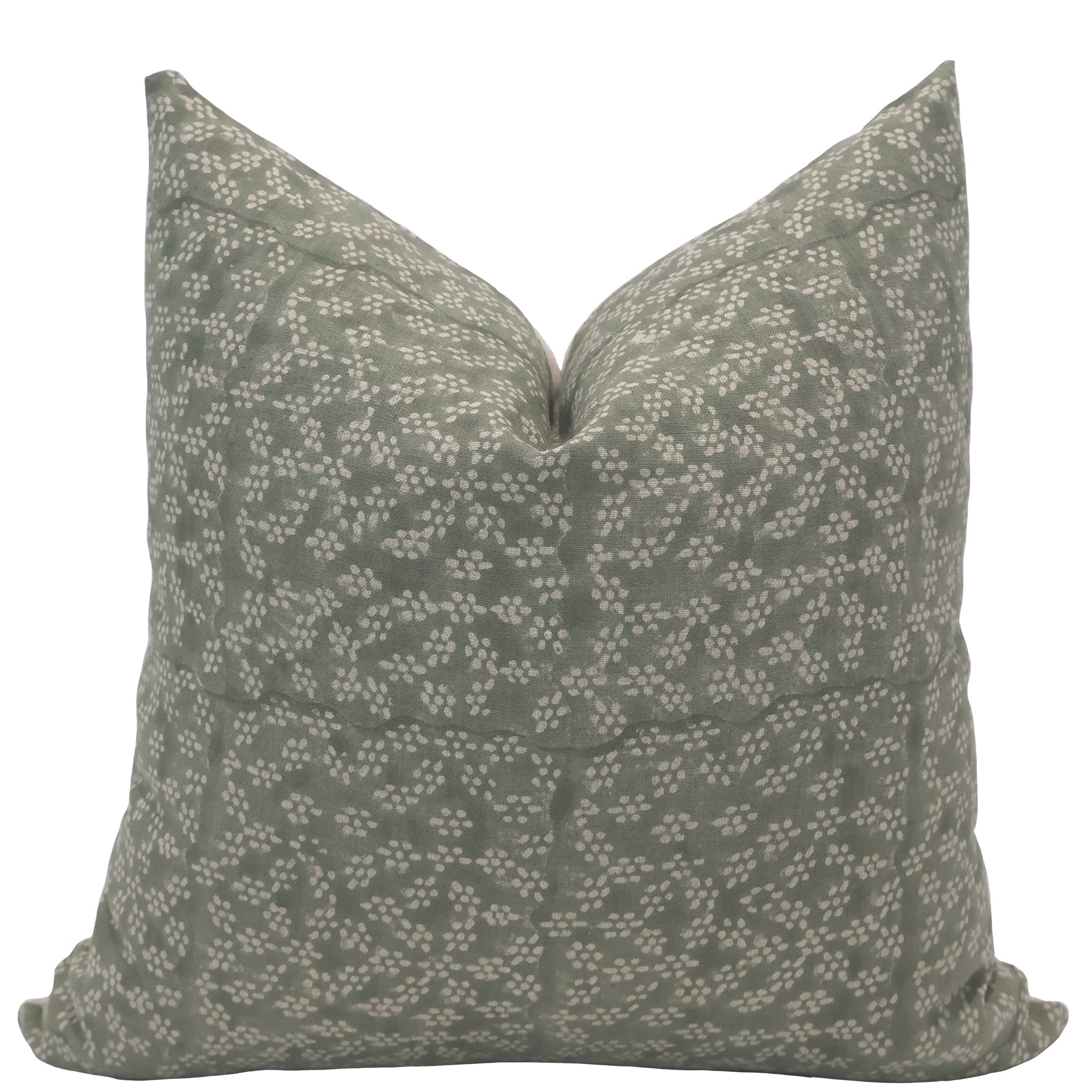Hackner Home Sage Green Floral Block Print pillow cover featuring an ivory botanical pattern on soft green fabric.