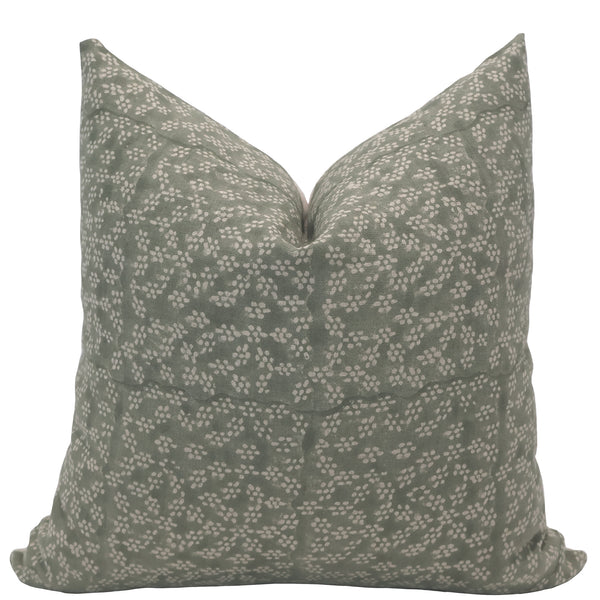 Hackner Home Sage Green Floral Block Print pillow cover featuring an ivory botanical pattern on soft green fabric.