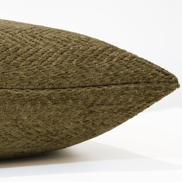 Side view of sequoia green velvet pillow cover featuring soft herringbone texture — elegant handcrafted cushion by Hackner Home.