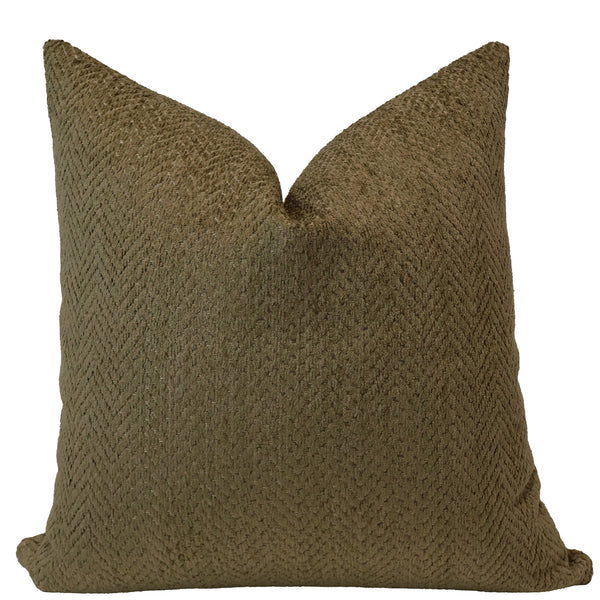 Handcrafted sequoia green velvet pillow cover with subtle herringbone texture — luxurious modern decorative cushion by Hackner Home.