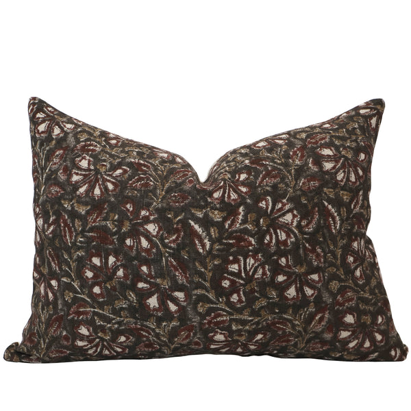 Handcrafted lumbar pillow cover with dark floral block print in maroon, beige, and white tones — bohemian decorative cushion by Hackner Home.