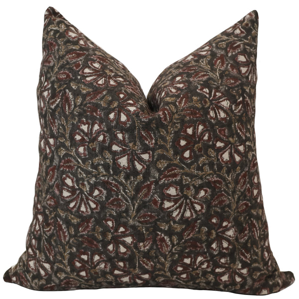 Handcrafted floral block print pillow cover in dark tones with red, beige, and white flower pattern — bohemian decorative cushion by Hackner Home.
