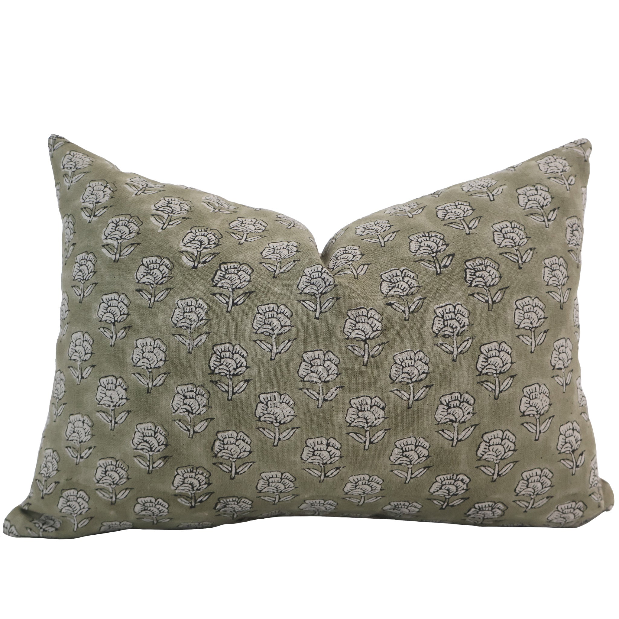 Handcrafted green floral block print lumbar pillow cover with white flower design — boho decorative cushion by Hackner Home.