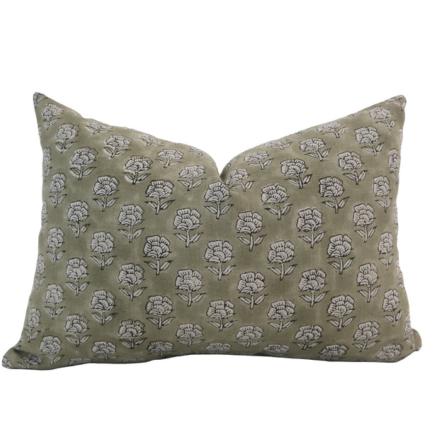 Handcrafted green floral block print lumbar pillow cover with white flower design — boho decorative cushion by Hackner Home.