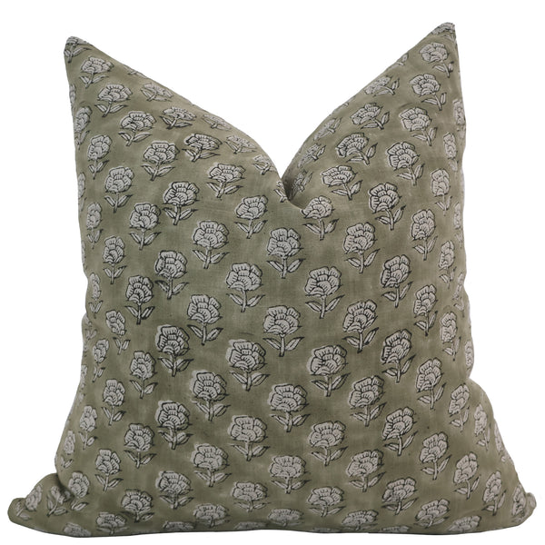Handcrafted green floral block print pillow cover with white flower pattern — bohemian decorative throw cushion by Hackner Home.