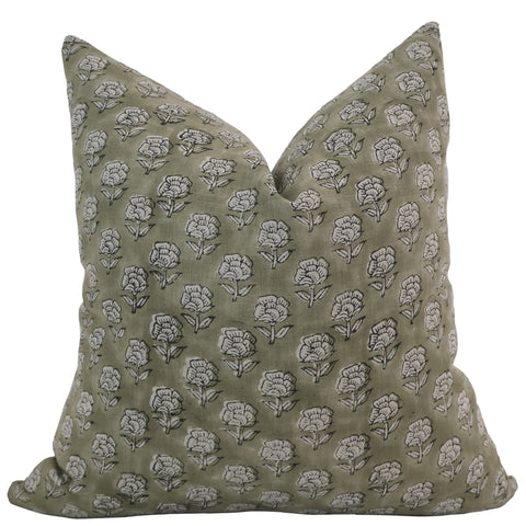 Handcrafted green floral block print pillow cover with white flower pattern — bohemian decorative throw cushion by Hackner Home.
