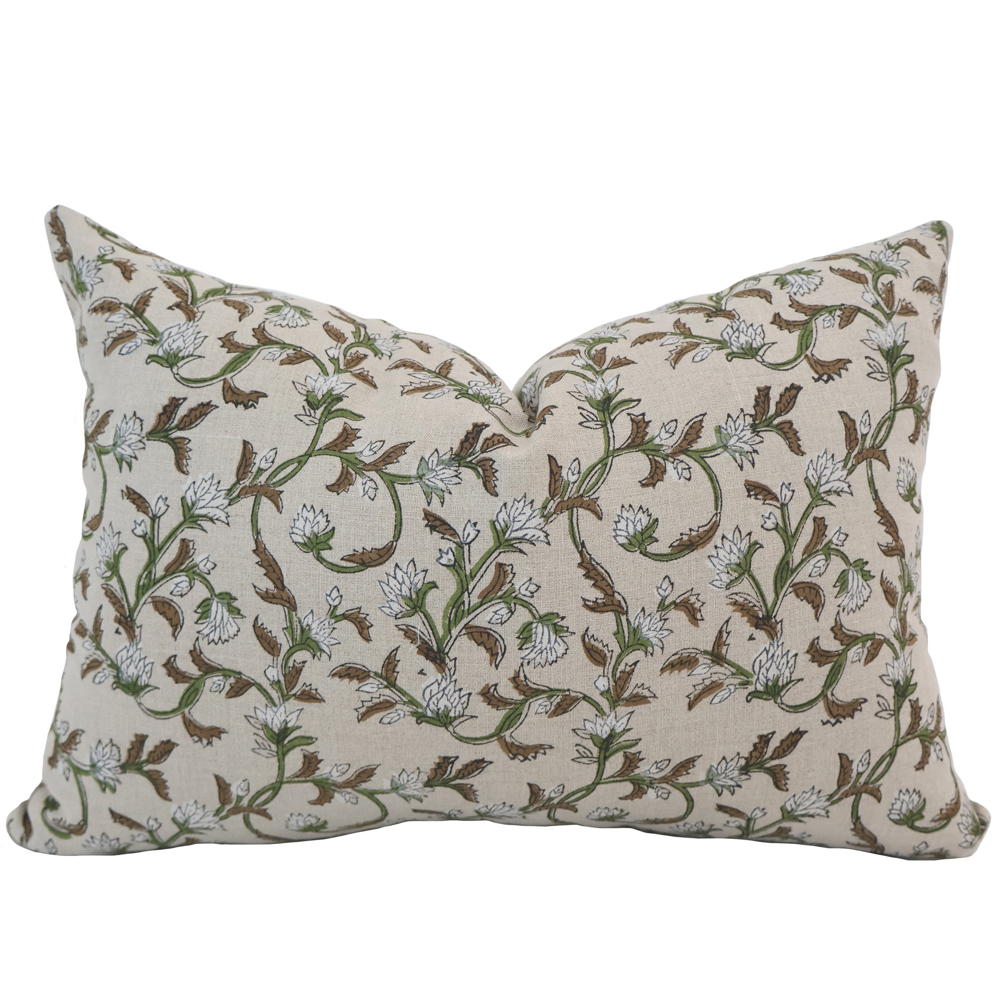 Hackner Home Sweet Autumn Clematis Block Print lumbar pillow cover featuring a beige background with an intricate green and brown floral vine design.