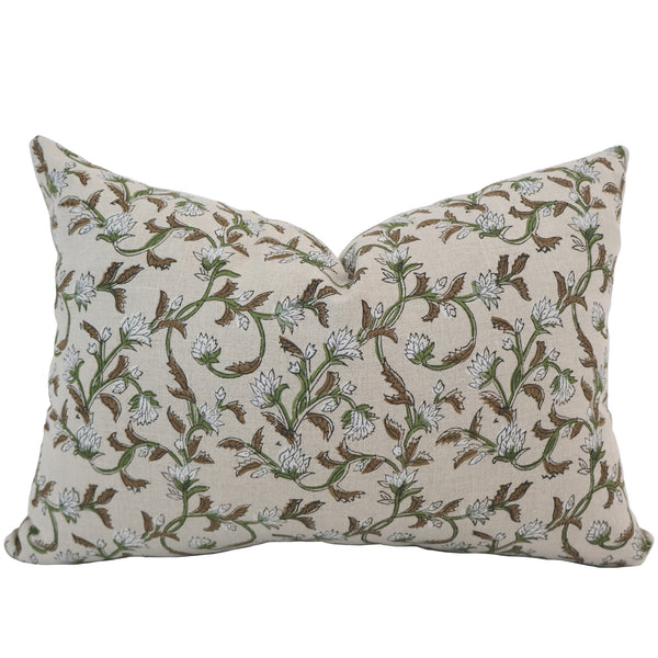 Hackner Home Sweet Autumn Clematis Block Print lumbar pillow cover featuring a beige background with an intricate green and brown floral vine design.