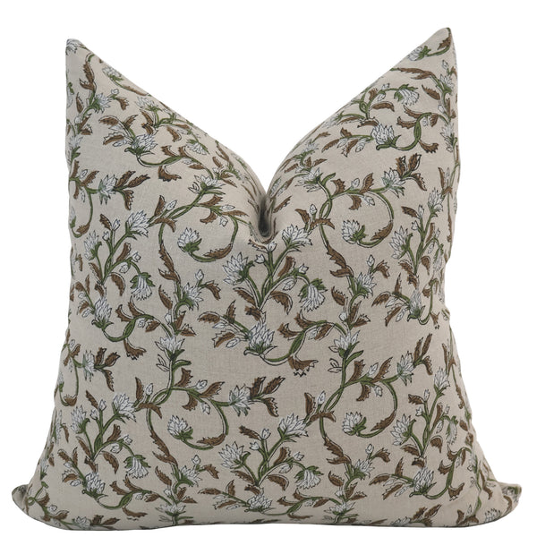 Hackner Home Sweet Autumn Clematis Block Print pillow cover featuring a delicate floral vine pattern in green, brown, and white on a neutral beige background.