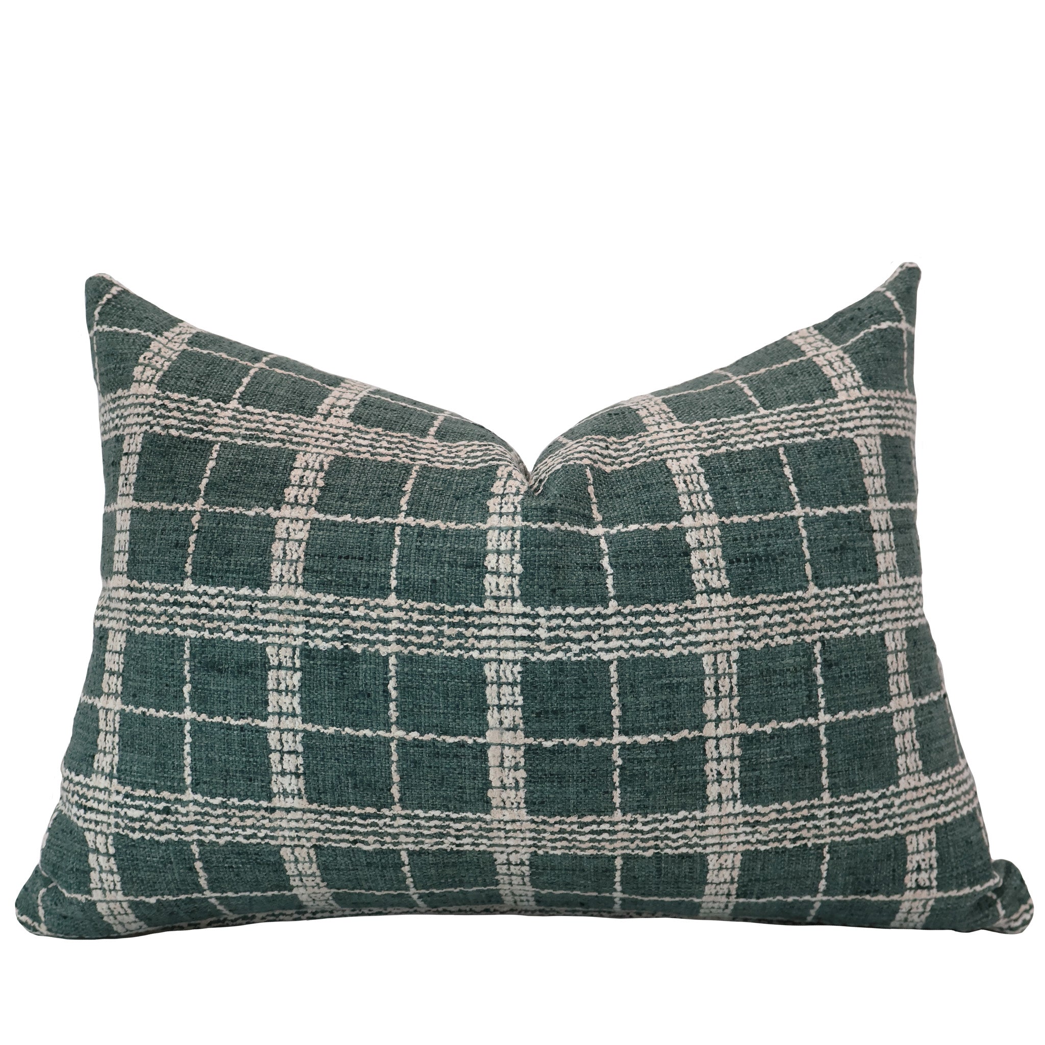 Hackner Home Vine Vale lumbar pillow cover featuring a green and ivory plaid woven pattern for a cozy, textured look.
