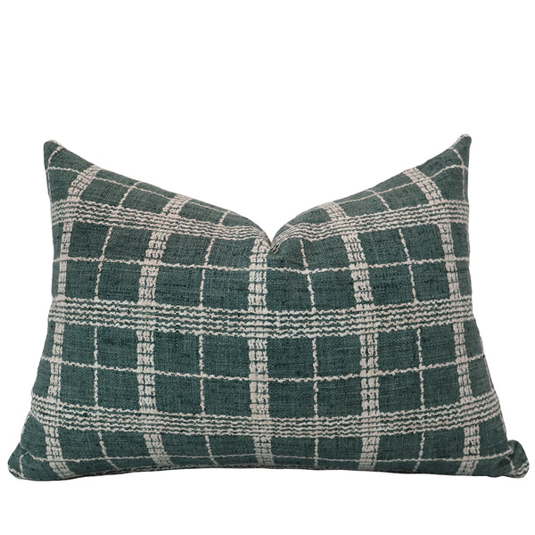 Hackner Home Vine Vale lumbar pillow cover featuring a green and ivory plaid woven pattern for a cozy, textured look.