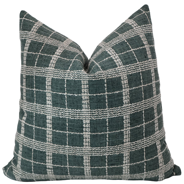 Hackner Home Vine Vale plaid pillow cover in deep green with an ivory grid pattern and rich woven texture.