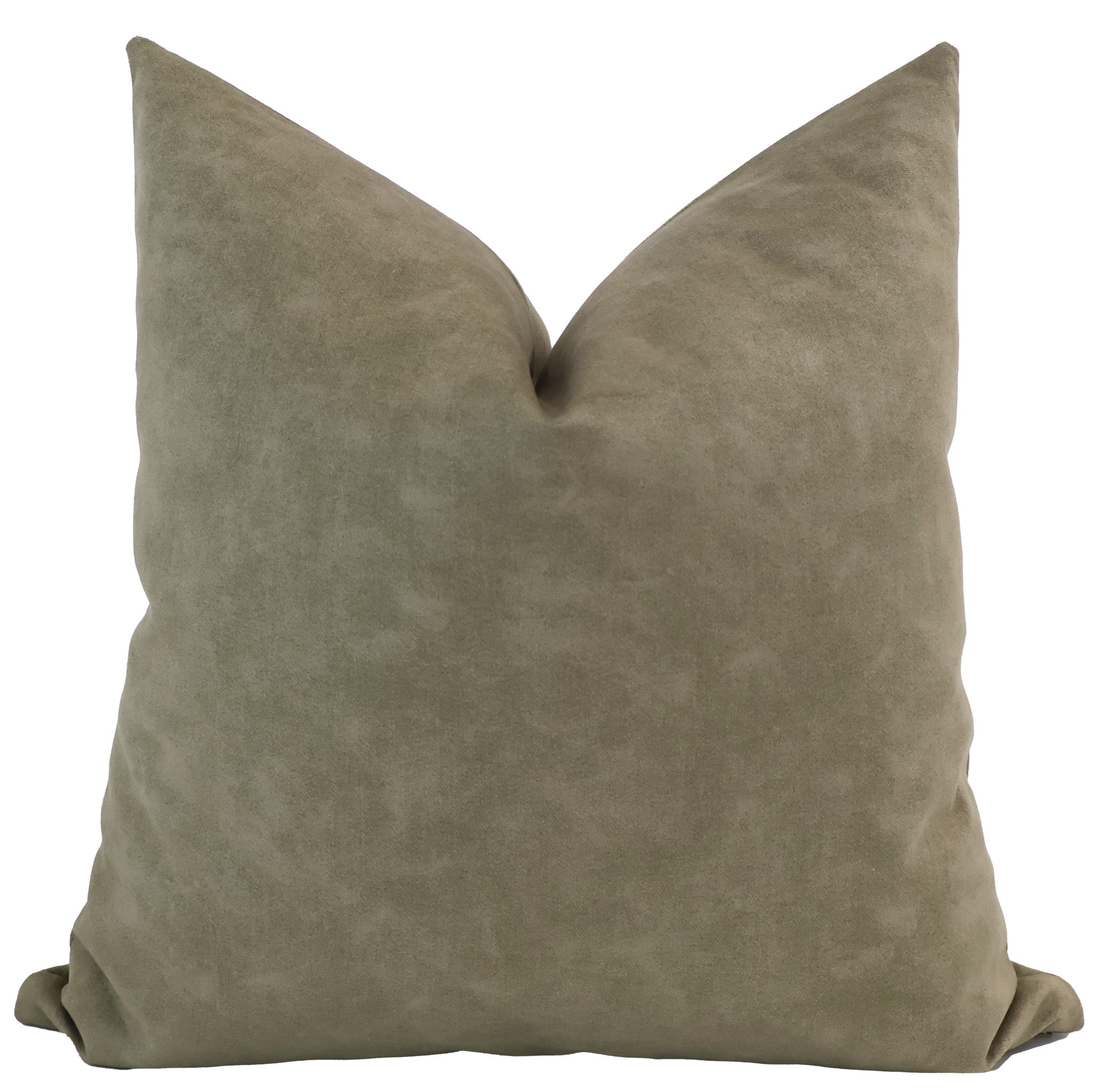 Square vintage suede pillow cover in a soft olive-green tone with a smooth, matte texture.