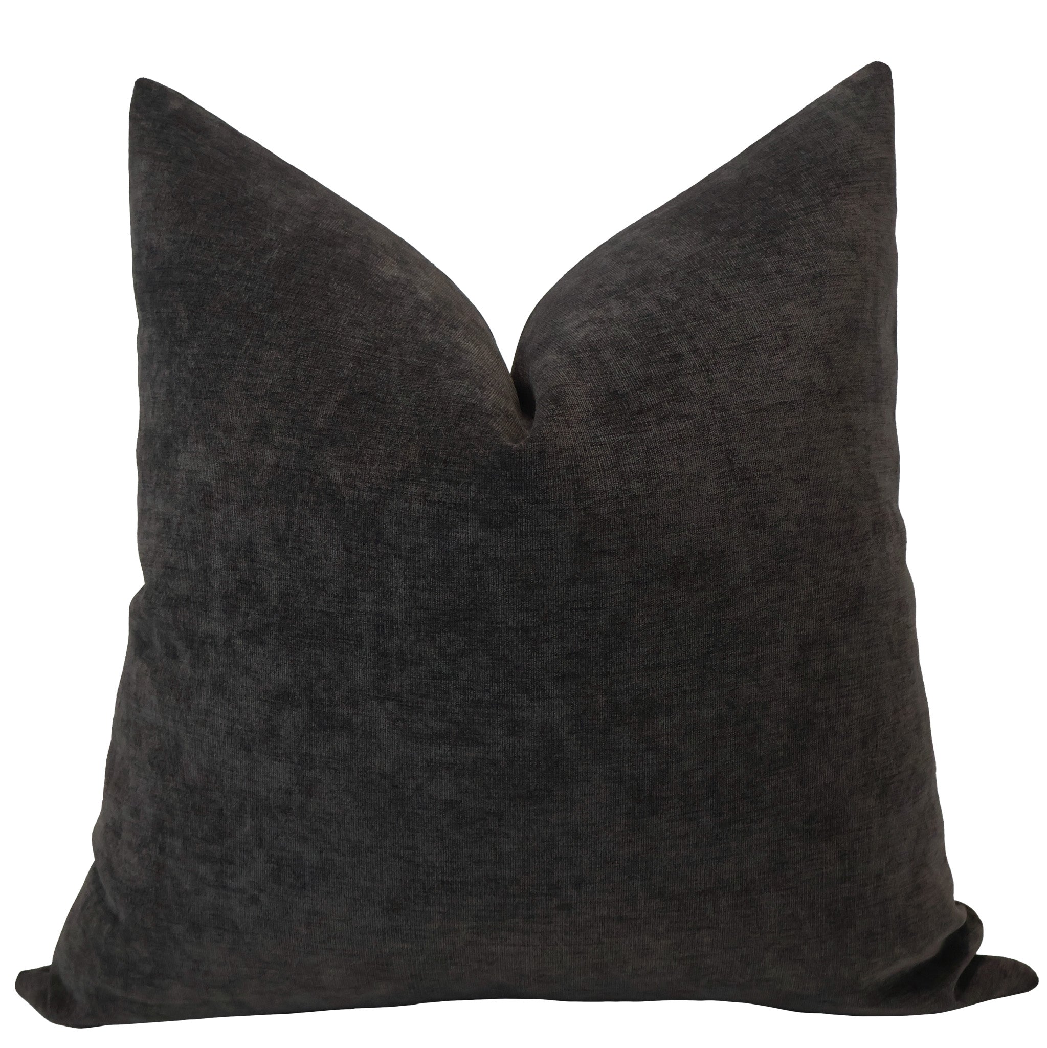 Front view of a dark slate gray velvet pillow cover featuring a smooth, plush texture and elegant tailored shape.