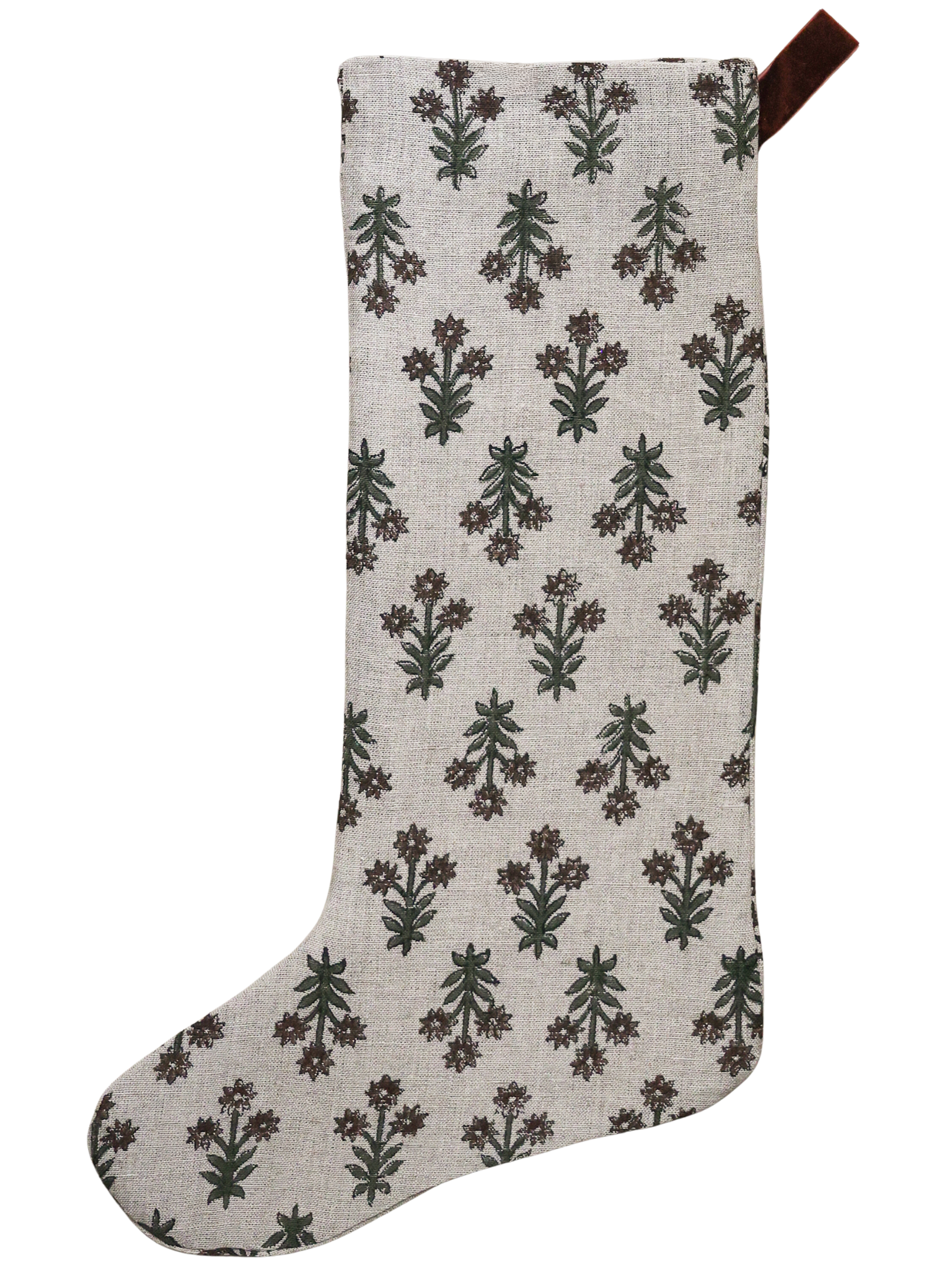 Hackner Home Wood Lily Block Print Large Minimal Christmas Stocking featuring a hand-printed floral pattern in earthy green and brown tones on a natural linen background with a velvet hanging loop.