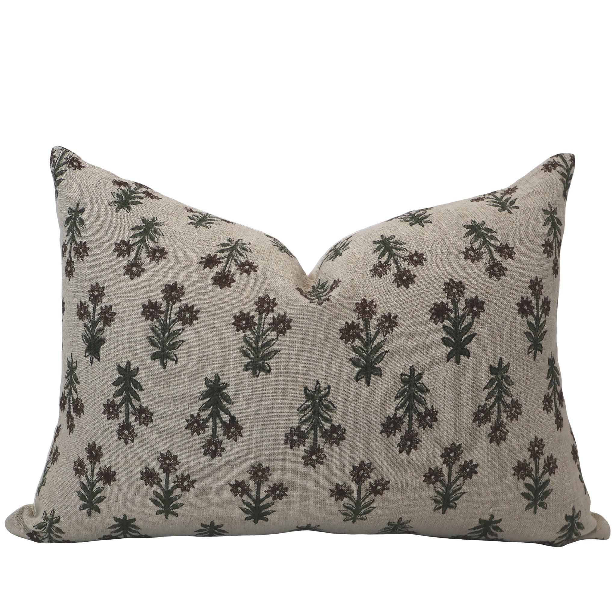 Hackner Home Wood Lily block print lumbar pillow cover with hand-printed floral motifs in green and brown on natural linen fabric.