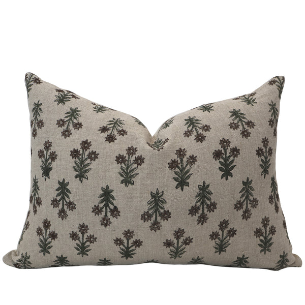Hackner Home Wood Lily block print lumbar pillow cover with hand-printed floral motifs in green and brown on natural linen fabric.