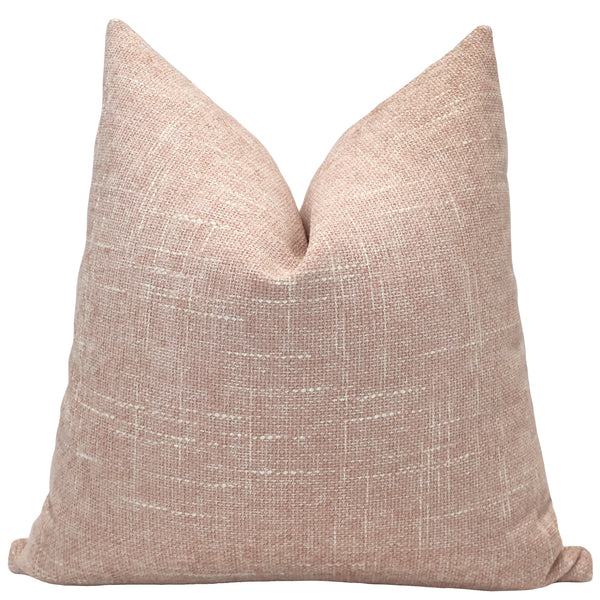 Hackner Home Woven Petals pillow cover in soft blush pink with a textured crosshatch weave and modern, tailored design.