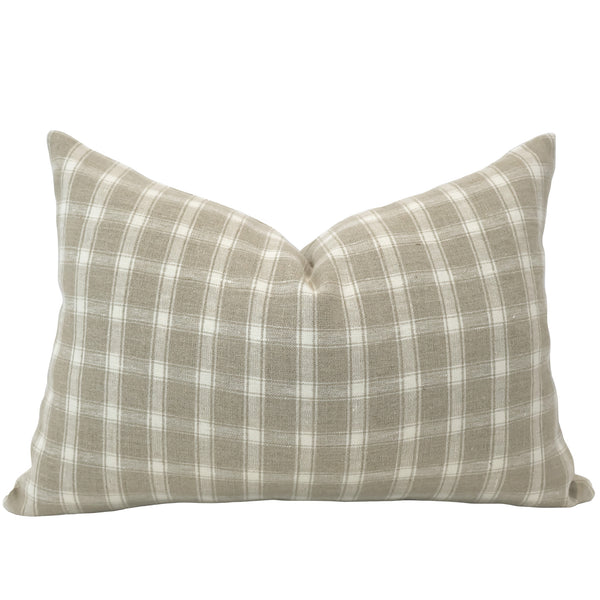 Beige and white woven linen lumbar pillow cover in plaid pattern — farmhouse-style decorative cushion by Hackner Home.