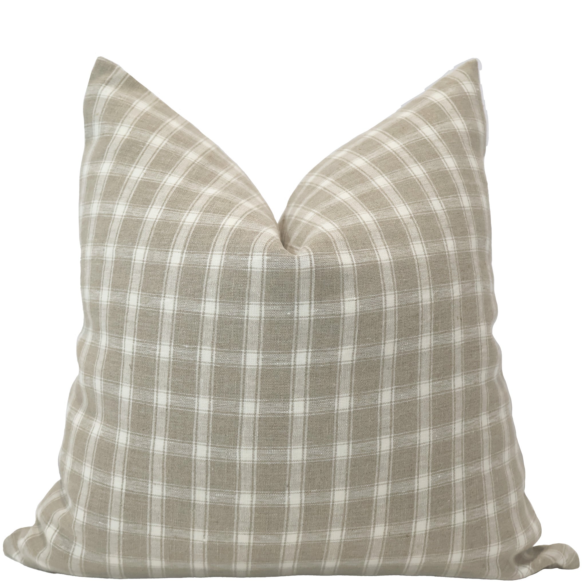 Handcrafted woven linen pillow cover in beige and white plaid pattern — modern farmhouse decorative cushion by Hackner Home.