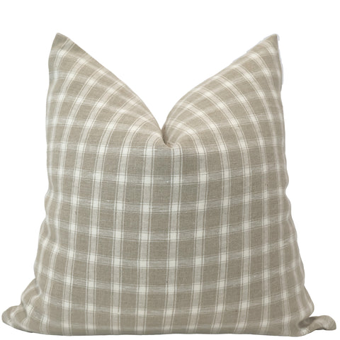 Handcrafted woven linen pillow cover in beige and white plaid pattern — modern farmhouse decorative cushion by Hackner Home.