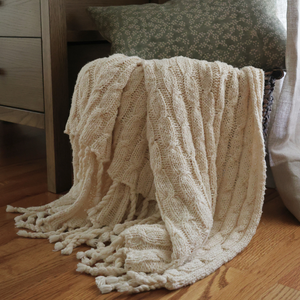 Cream Knitted Wool Throw Blanket