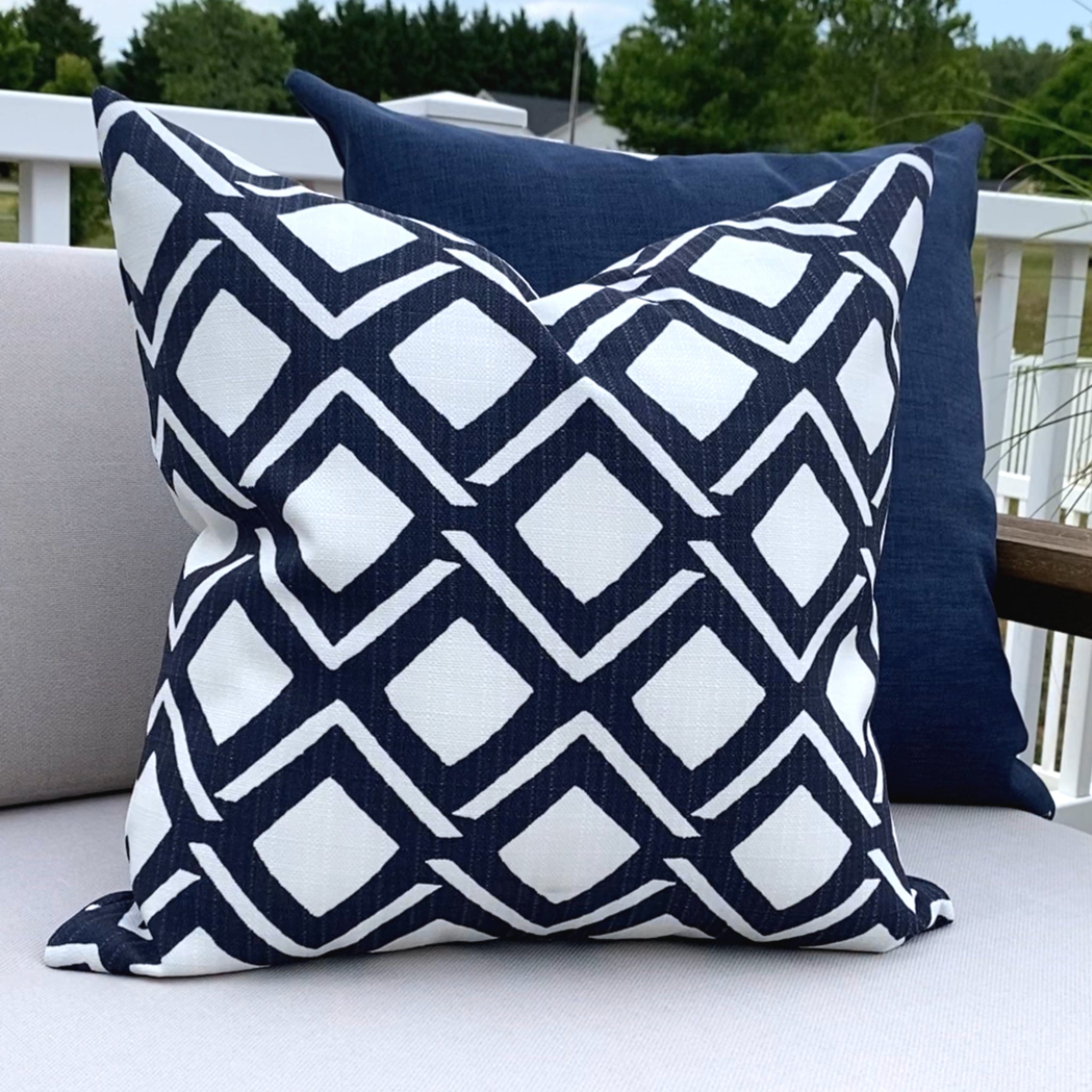 Blue and White Pillow, Blue Geometric Pillow Cover, Blue Geometric Outdoor Pillow Cover, Blue Outdoor Pillow Cover, Blue and White outdoor pillow, Hackner Home outdoor pillow cover, Designer Pillows, Decorative Pillow Cover, Navy Blue Pillow Cover, High End Outdoor Pillow Cover