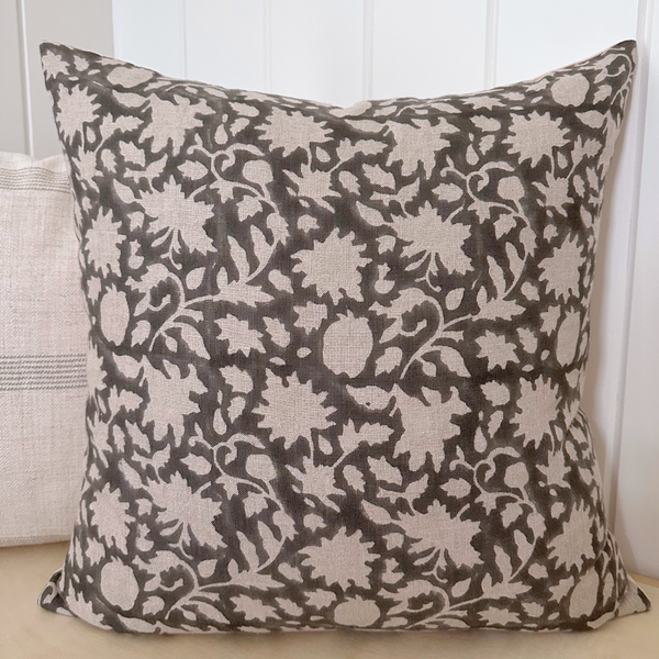 Dove Gray Floral Block Print Pillow Cover