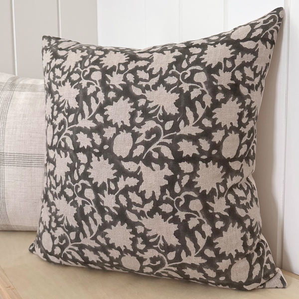 Dove Gray Floral Block Print Pillow Cover