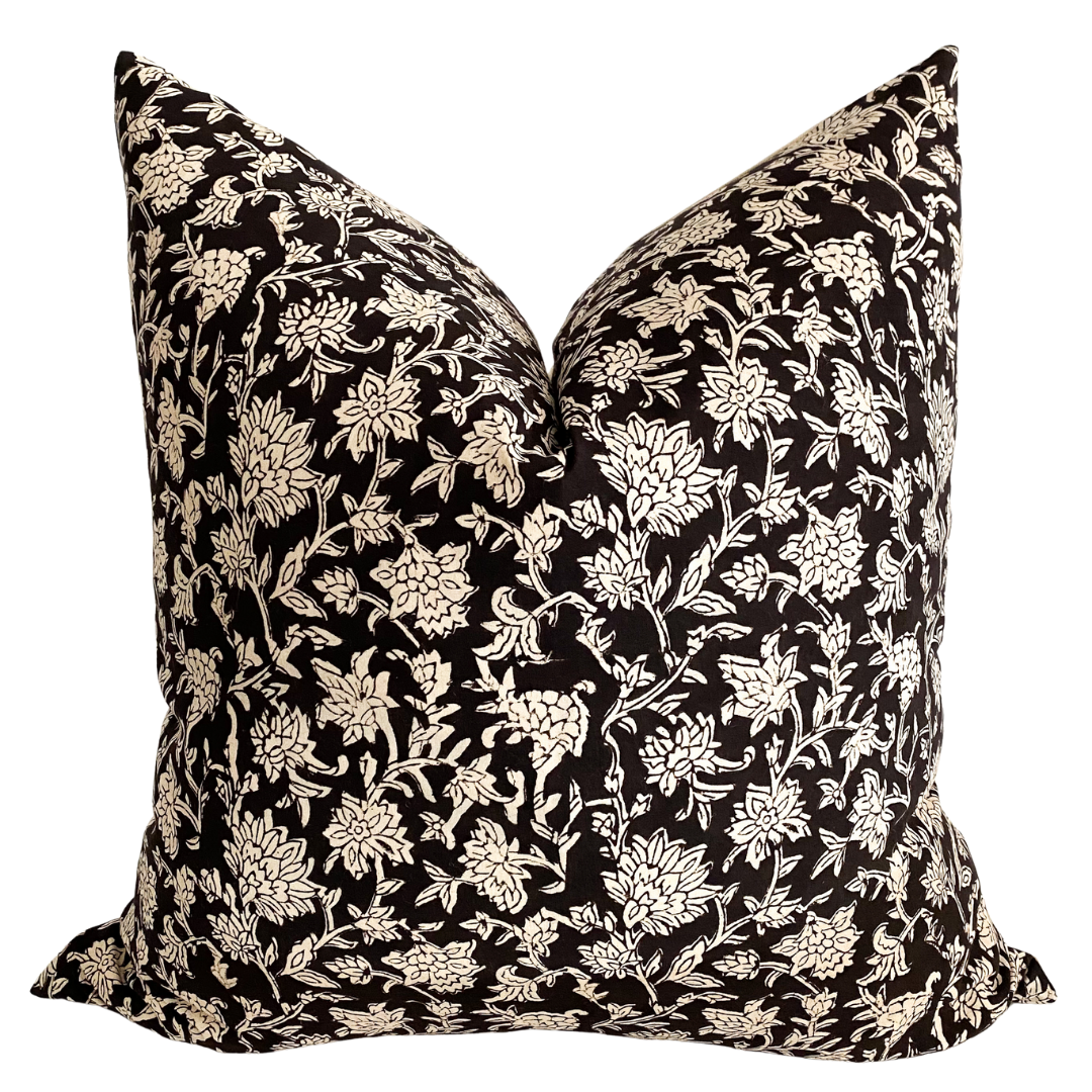 Black Floral Block Print Pillow Cover