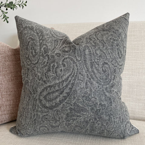 Paisley Pillow, Gray Paisley Pillow Cover, Hackner Home, Designer Pillows, Equestrian Pillows, Equestrian Decor Pillows, Woolen Pillows, Wool Like Pillows, Designer Pillow Covers, Handmade Pillows, Made in USA Pillow Covers, Long Lumbar Pillow Cover, Bed Pillows, Decorative Bed Pillows