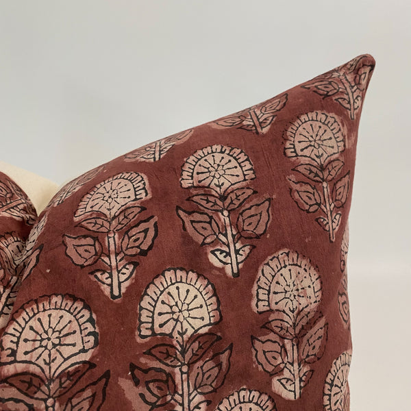 Mulberry Flower Pillow cover, Maroon Pillow Cover, Fall Pillow Cover, Autumn Pillow Covers, Hackner Home, Decorative pillows, Block Print Pillow Covers, Hand Dyed Pillow Cover, handmade pillow shop, Hackner Home Pillows, Burgundy Pillows, Floral Pillows, India Block Print Pillows, Wabi Sabi Pillows