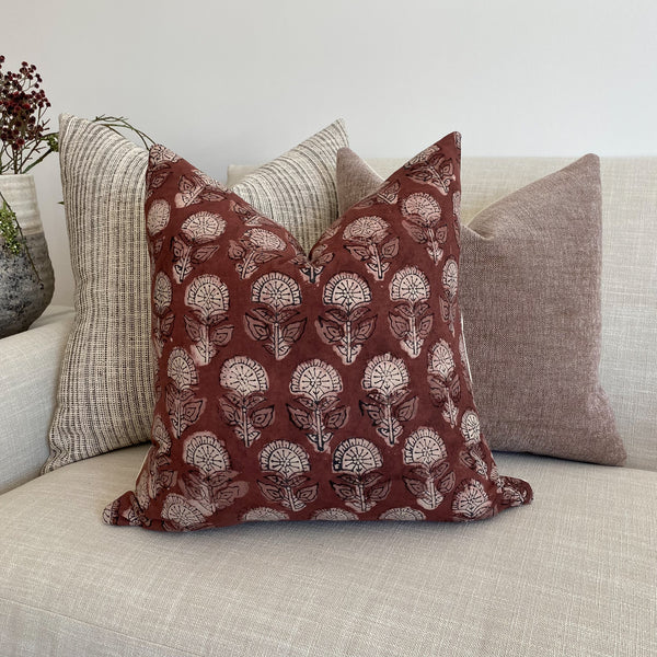 Mulberry Flower Pillow cover, Maroon Pillow Cover, Fall Pillow Cover, Autumn Pillow Covers, Hackner Home, Decorative pillows, Block Print Pillow Covers, Hand Dyed Pillow Cover, handmade pillow shop, Hackner Home Pillows, Burgundy Pillows, Floral Pillows, India Block Print Pillows, Wabi Sabi Pillows