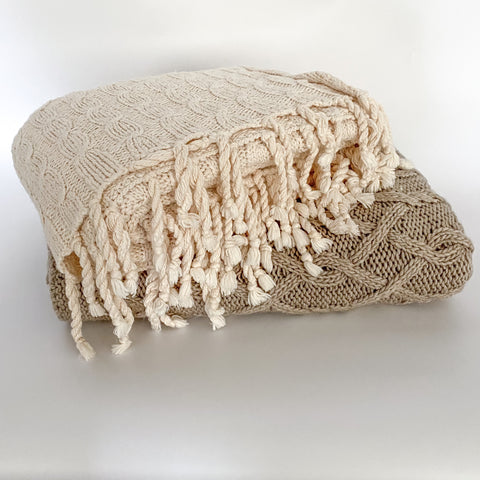 Cream Knitted Wool Throw Blanket