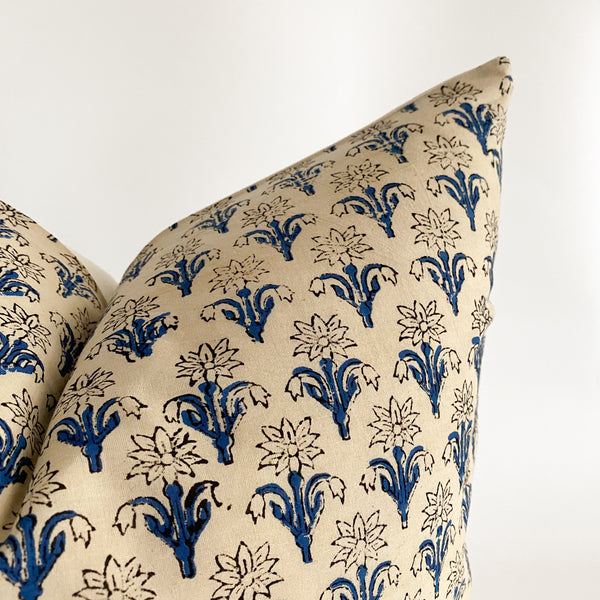 Floral Beige Block Print Pillow Cover (ON THE SHELF)