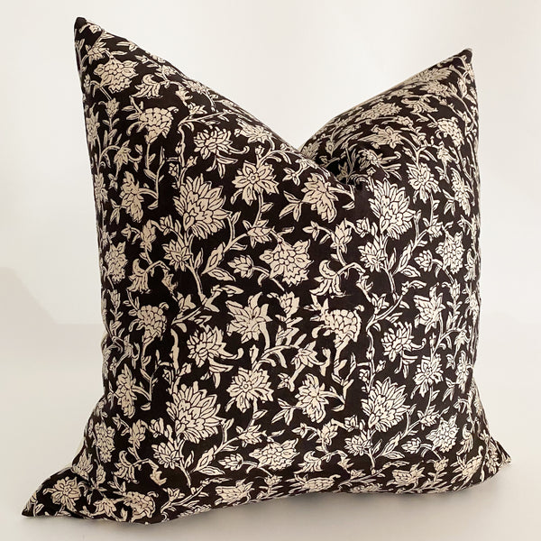 Black Floral Block Print Pillow Cover