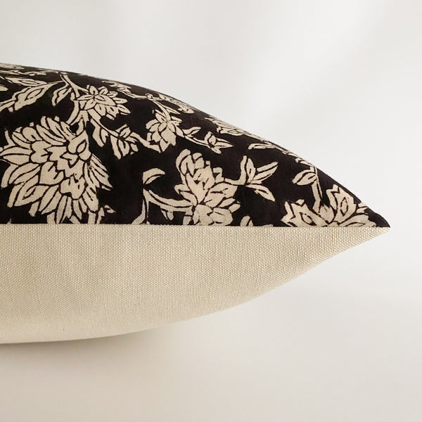 Black Floral Block Print Pillow Cover